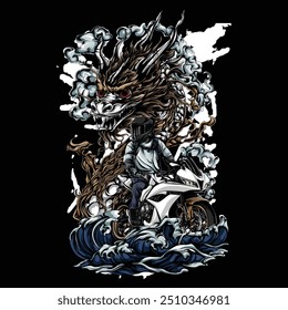 illustration motorcycle sport with dragon white