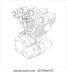  Illustration Motorcycles engine V-twin line drawing technical blueprints Isometric view. vector isolated on white background