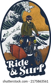 Illustration of a motorcyclist carrying a surfboard with waves in the background and ready to surf.
Suitable for t-shirt and sticker designs