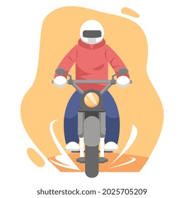 illustration of motorcyclist driving with helmet equipment front view. isolated on an orange background. suitable for the theme of travel, community, hobbies, exploring, etc. flat vector style