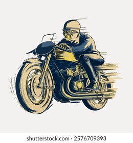 Illustration of a motorcyclist in vintage gear, racing on a classic motorcycle. The motorcyclist is depicted in a dynamic, retro style. Vintage art drawing illustration, old painting vector.