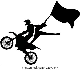 illustration and motorcyclist   woman and flag