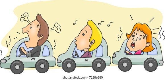 Ilustración de Motoristas durante la hora punta con una persona tranquila en el medio