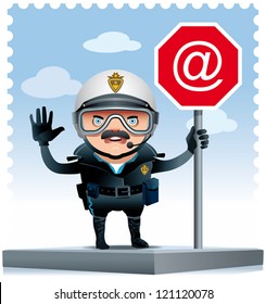 Illustration of a Motorized policeman on a street corner leaning on an Internet signal.
