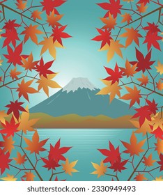 The illustration of Mount Fuji with autumn leaves and a lake.