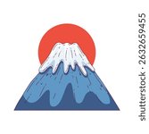 illustration of Mount Fuji, Japan's tallest and most iconic mountain, with a stylized representation of the rising sun behind it. The image emphasizes national identity, natural beauty of Japan