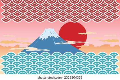 The illustration of Mount Fuji, the Sun, and blue ocean waves.