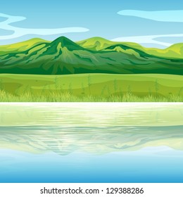 Illustration of a mountain across the lake