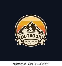 Illustration of mountain badge, outdoor adventure. Vector graphics 