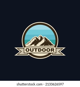 Illustration of mountain badge, outdoor adventure. Vector graphics 