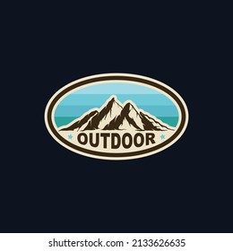 Illustration of mountain badge, outdoor adventure. Vector graphics 