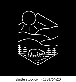 Illustration of mountain and bear with isolated hexa shape. Mountain and bear line art design with white outline color. Illustration design for apparel products, mugs and wall posters