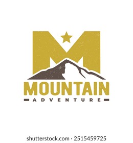 illustration of a mountain with big letter M on the background. adventure logo for outdoor activity company.