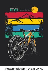 An illustration of a mountain bike with a colorful landscape and a sunset in the background.