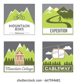 Illustration with mountain. Mountain bike, expedition, hotel family holiday, funicular.