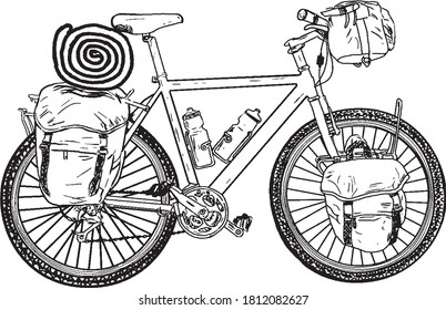 Illustration of mountain bike, vector drawing in black and white, isolated on white background.