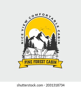 Illustration mountain cabin pine forest badge logo template