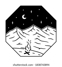 Illustration of mountain and campfire isolated square eight. Mountain and bonfire line art in black. Illustration design for apparel products, mugs and wall posters