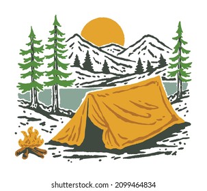 an illustration of mountain camping in vintage style