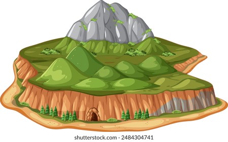 Ilustración de una montaña con una cueva