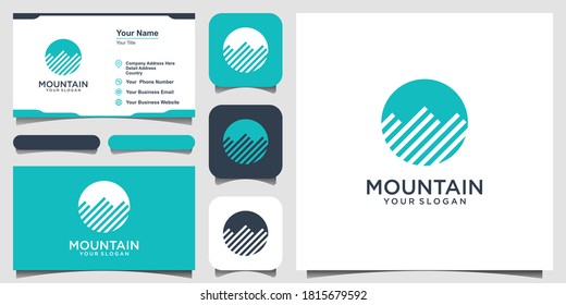 ilustración de montaña con el logotipo de estilo de círculo y el vector de diseño de tarjeta de negocios.