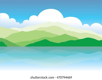 The illustration of mountain in a clear water