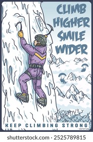 Illustration of a mountain climber ascending a frozen waterfall using ice axes with a snowy mountain range in the background