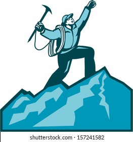 Illustration Of Mountain Climber Climbing Reaching The Summit Celebrating Holding Ice Axe Done In Retro Woodcut Style.