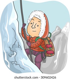 Illustration of a Mountain Climber Trekking a Snowy Mountain