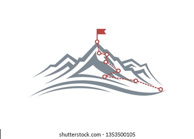 illustration of mountain climbing route to peak isolated on white background