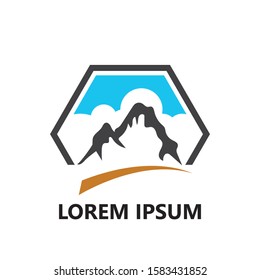 illustration of a mountain with clouds, a mountain explorer logo, a logo for rock and mountain climbing, a hiking logo.