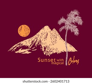 Illustration of mountain and coconut tree at sunset. Stylized art in rustic lines.