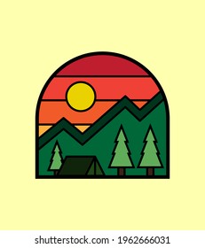 illustration of mountain design along with trees and camping tents-outdoor badge