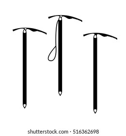 illustration of mountain equipment: ice axes for climbing and mountaineering (black silhouettes on white background). flat style. vector (eps-10)