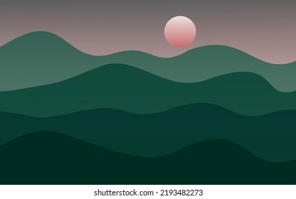 Illustration Of Mountain In The Evening With Setting Sun Background.