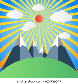 illustration of mountain in the field with the cloud and sun. flat design.