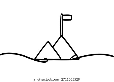 Illustration of a mountain with a flag in a continuous line design. An interesting abstract line art design.