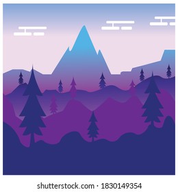 Illustration of mountain and flat tree landscape at night with colorful vector design background