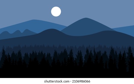 Illustration of mountain and forest landscape at night. Silhouette nature vector illustration.