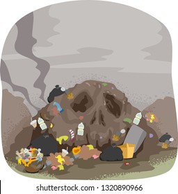 Illustration of a Mountain of Garbage and Waste Shaped as Skull. Land Pollution