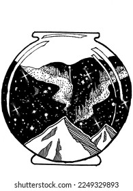 illustration of a mountain in a glass aquarium