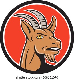 Illustration of mountain goat head looking to the side set inside circle on isolated background done in cartoon style. 