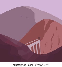 illustration of a mountain landscape with a bridge and a tunnel