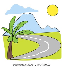 ilustración de un paisaje montañoso con campos de arroz, carreteras, cocoteros, sol y nubes