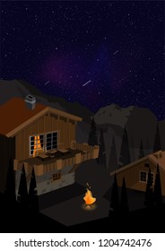 The illustration of the mountain landscape. Cottages and trees on the starry night background.