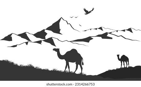 illustration of mountain landscape in the desert. Two camels with mountain silhouette