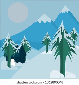 illustration of mountain landscape, fir tree covered with snow