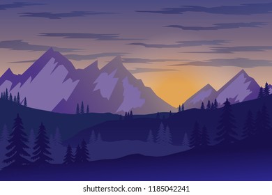 Illustration of mountain landscape in flat style. Design element for poster, flyer, presentation, brochure. Vector image