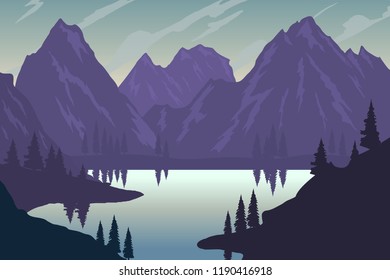 Illustration of mountain landscape in flat style. Design element for poster, flyer, presentation, brochure. Vector image