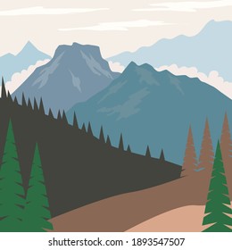 Illustration of mountain landscape in flat style. Design element for poster, card, banner, sign. Vector illustration